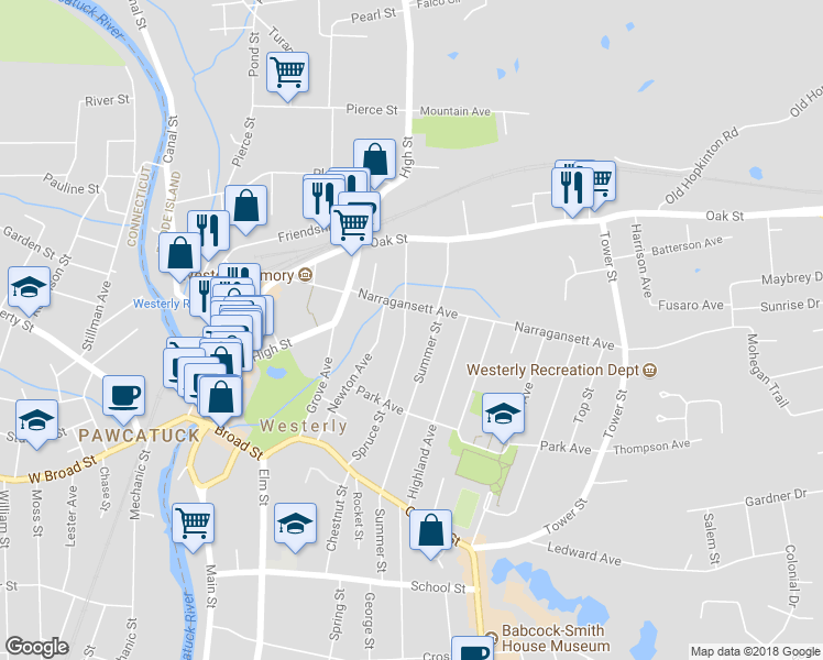map of restaurants, bars, coffee shops, grocery stores, and more near 45 Spruce Street in Westerly