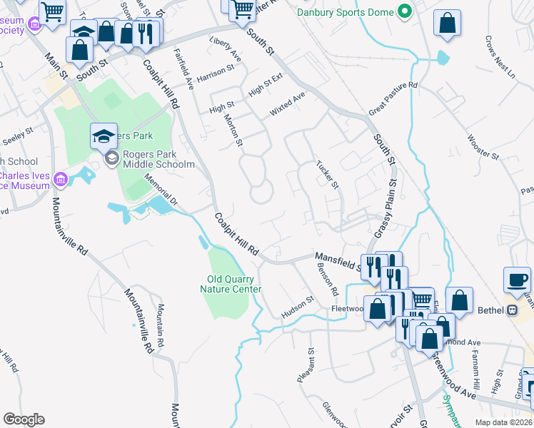 map of restaurants, bars, coffee shops, grocery stores, and more near 124 Coalpit Hill Road in Danbury