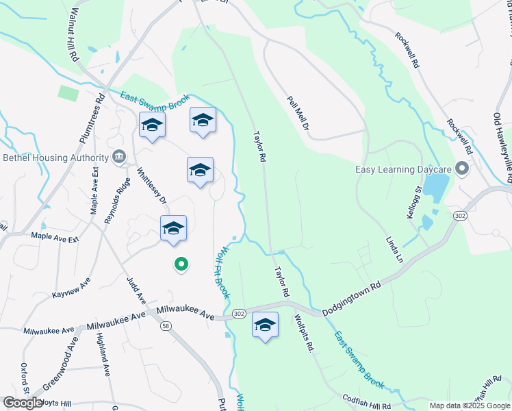 map of restaurants, bars, coffee shops, grocery stores, and more near 30 Taylor Road in Bethel