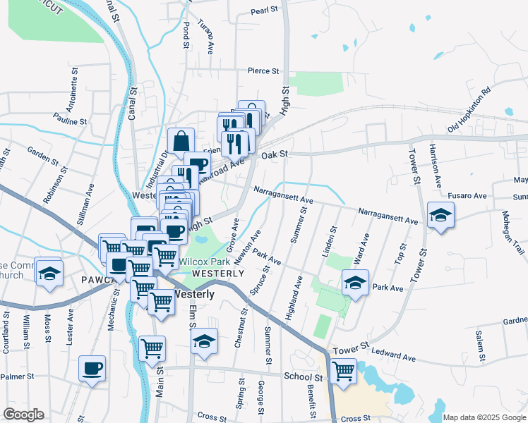 map of restaurants, bars, coffee shops, grocery stores, and more near 36 Newton Avenue in Westerly