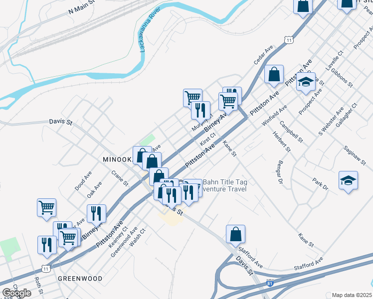 map of restaurants, bars, coffee shops, grocery stores, and more near 2809 Birney Avenue in Scranton