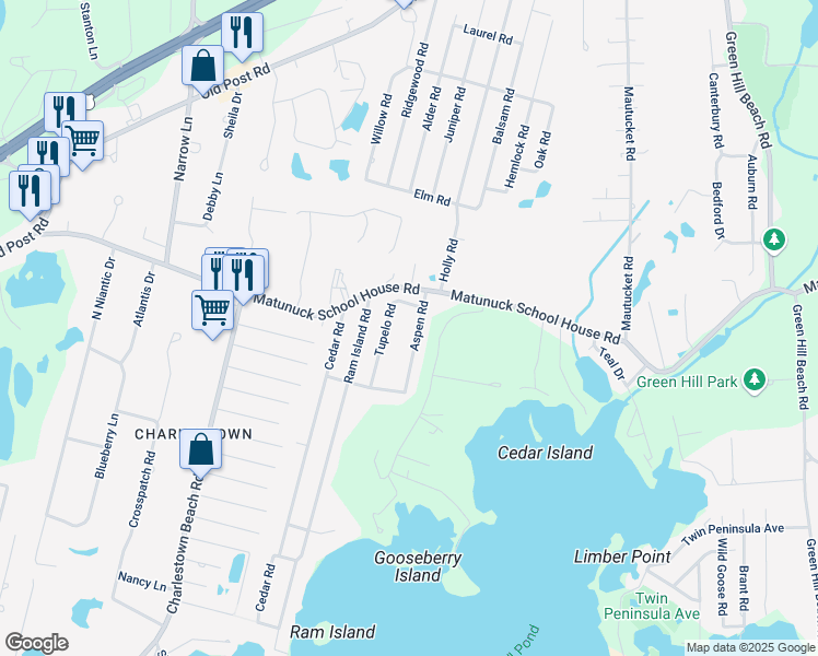 map of restaurants, bars, coffee shops, grocery stores, and more near 41 Aspen Road in South Kingstown