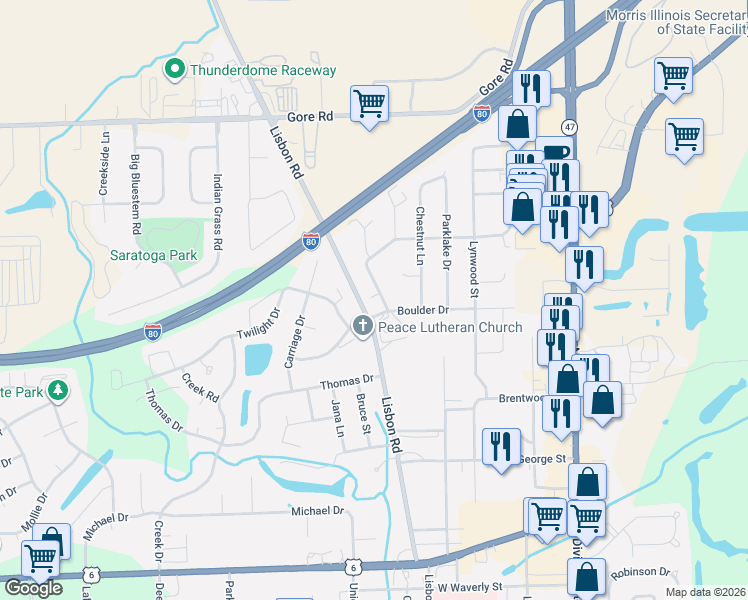 map of restaurants, bars, coffee shops, grocery stores, and more near 2304 Ashland Drive in Morris