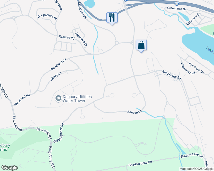 map of restaurants, bars, coffee shops, grocery stores, and more near Old Ridgebury Road in Danbury