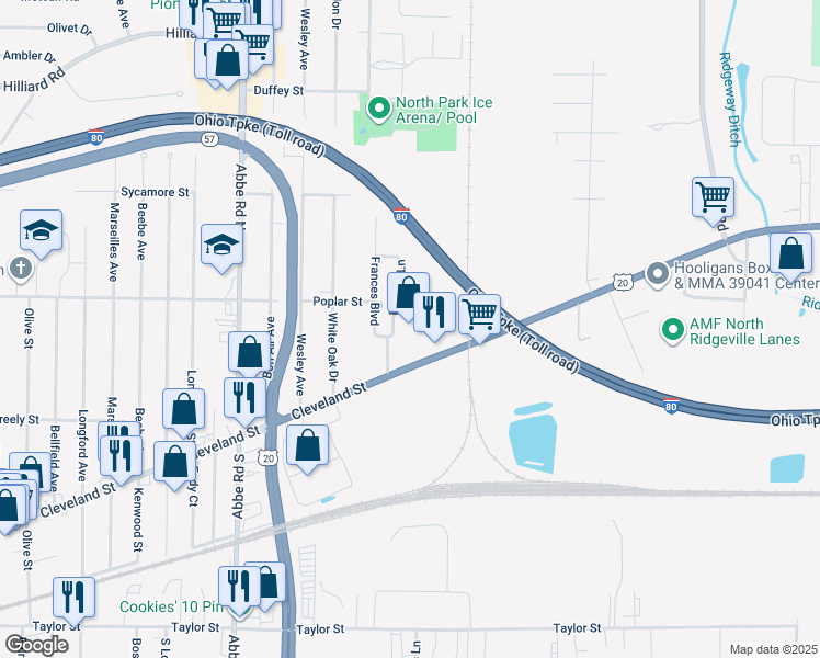 map of restaurants, bars, coffee shops, grocery stores, and more near 908 Cleveland Street in Elyria