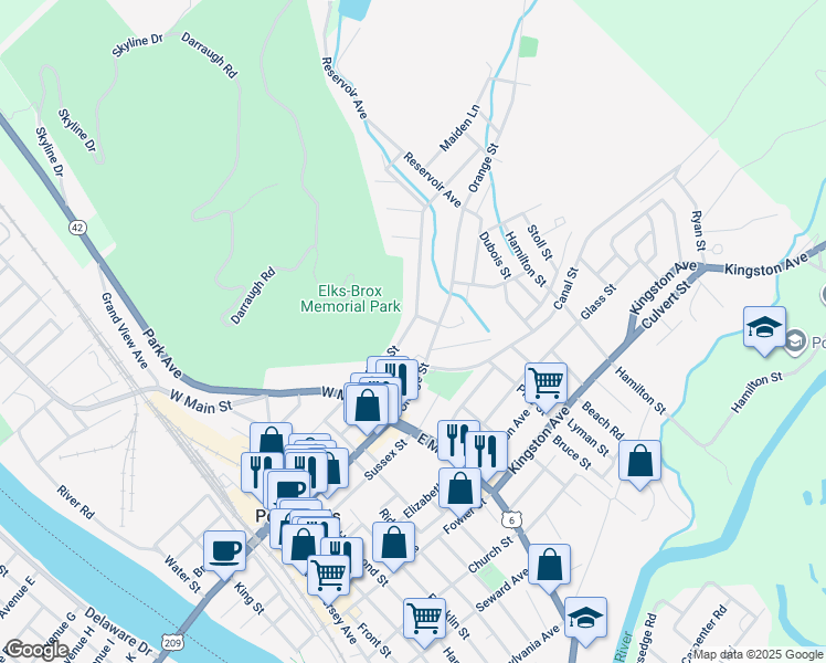 map of restaurants, bars, coffee shops, grocery stores, and more near 35 Hudson Street in Port Jervis