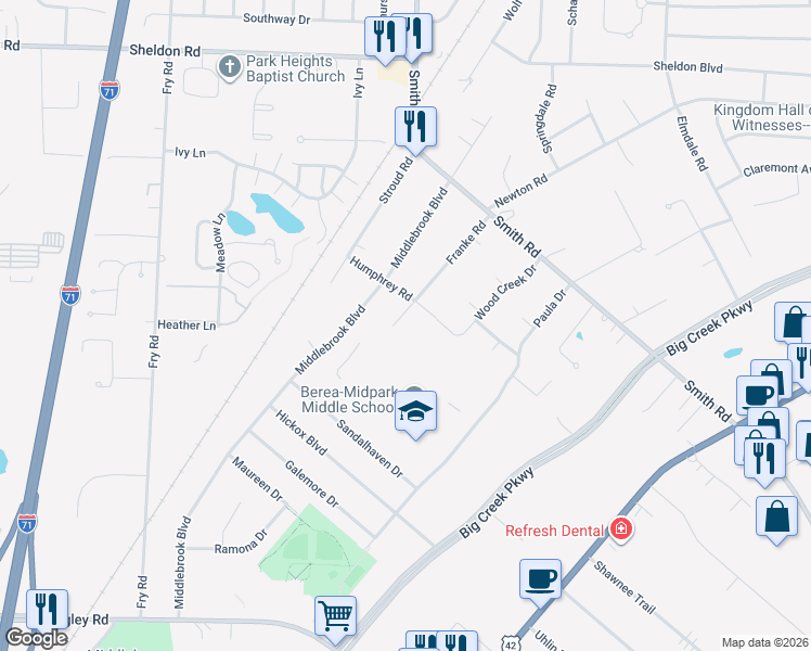 map of restaurants, bars, coffee shops, grocery stores, and more near 6875 Franke Road in Middleburg Heights