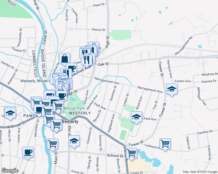 map of restaurants, bars, coffee shops, grocery stores, and more near 45 Spruce Street in Westerly