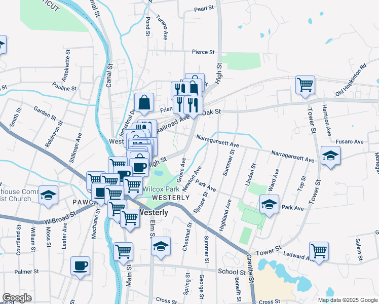 map of restaurants, bars, coffee shops, grocery stores, and more near 45 Grove Avenue in Westerly