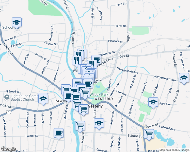map of restaurants, bars, coffee shops, grocery stores, and more near 4 Alba Inn Road in Westerly