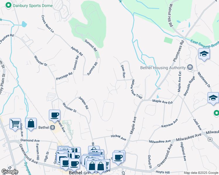 map of restaurants, bars, coffee shops, grocery stores, and more near 54 Idlewood in Bethel