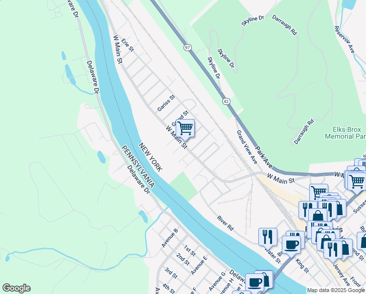 map of restaurants, bars, coffee shops, grocery stores, and more near 179 West Main Street in Port Jervis