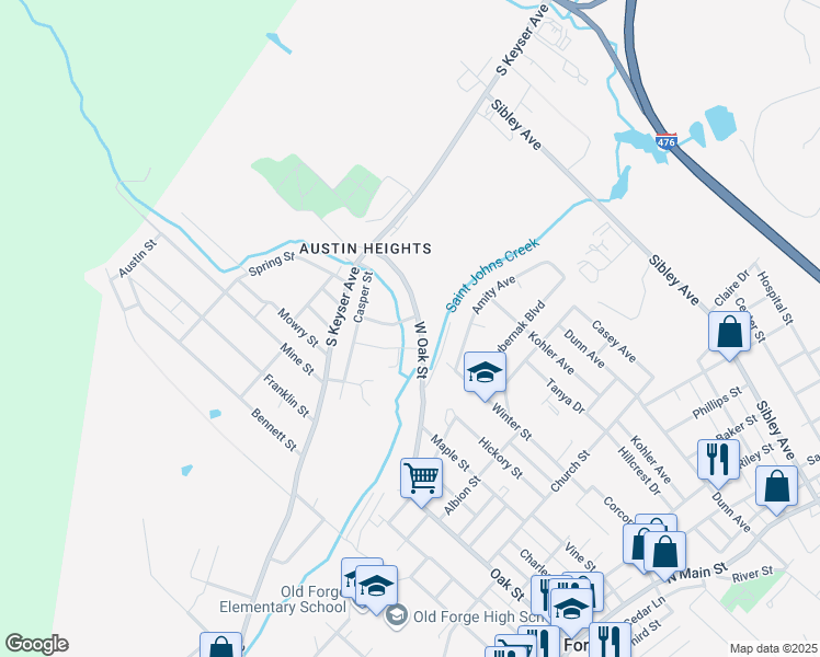 map of restaurants, bars, coffee shops, grocery stores, and more near 880 West Oak Street in Old Forge