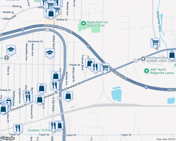 map of restaurants, bars, coffee shops, grocery stores, and more near 908 Cleveland Street in Elyria