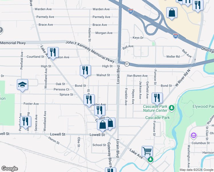 map of restaurants, bars, coffee shops, grocery stores, and more near 605 Bond Street in Elyria