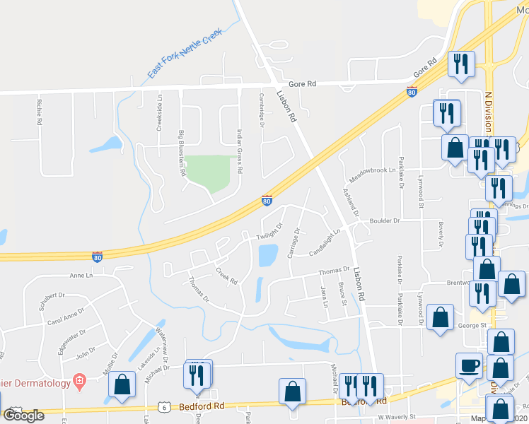 map of restaurants, bars, coffee shops, grocery stores, and more near 1825 Village Court in Morris