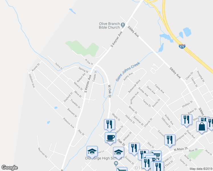map of restaurants, bars, coffee shops, grocery stores, and more near 880 West Oak Street in Old Forge