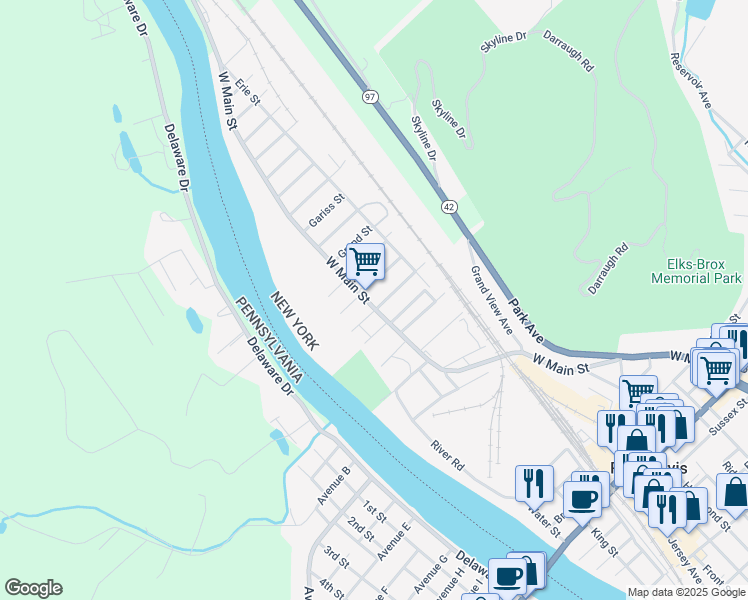 map of restaurants, bars, coffee shops, grocery stores, and more near 179 West Main Street in Port Jervis