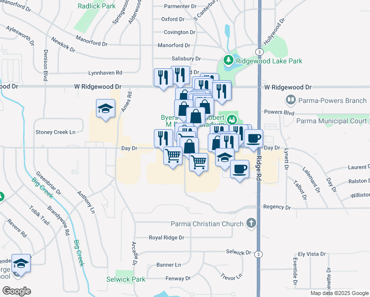map of restaurants, bars, coffee shops, grocery stores, and more near 8094 Day Dr in Cleveland