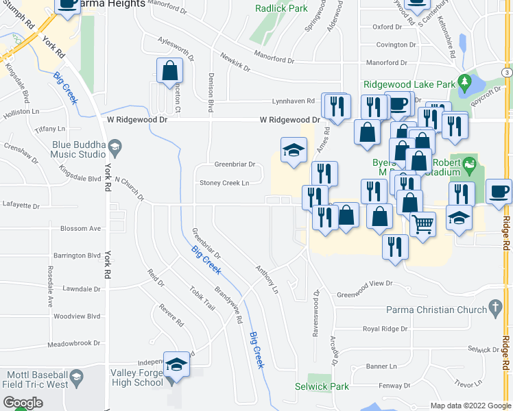 map of restaurants, bars, coffee shops, grocery stores, and more near 9170B North Church Drive in Parma Heights