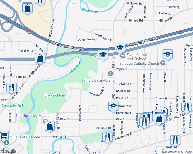 map of restaurants, bars, coffee shops, grocery stores, and more near 921 Elywood Drive in Elyria