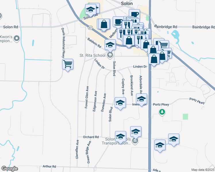 map of restaurants, bars, coffee shops, grocery stores, and more near 6575 Duneden Avenue in Solon