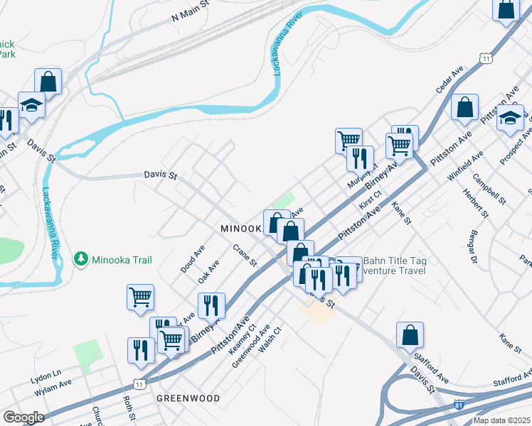 map of restaurants, bars, coffee shops, grocery stores, and more near 3013 Colliery Avenue in Scranton