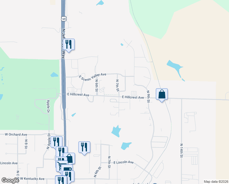 map of restaurants, bars, coffee shops, grocery stores, and more near 604 East Hillcrest Drive in Indianola