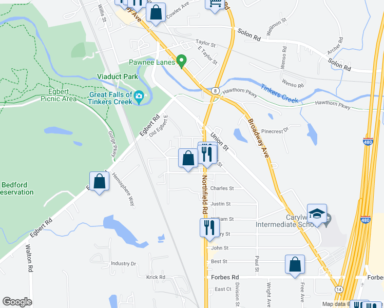 map of restaurants, bars, coffee shops, grocery stores, and more near 23 First Avenue in Bedford