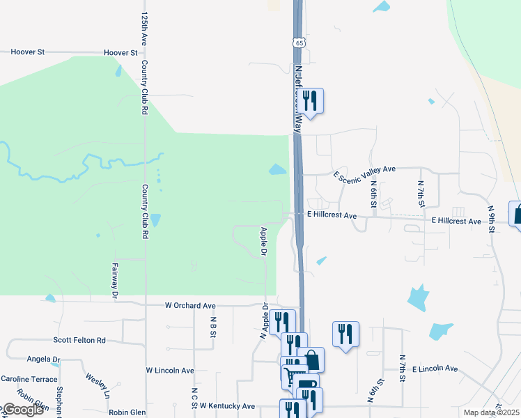 map of restaurants, bars, coffee shops, grocery stores, and more near 117 West Hillcrest Drive in Indianola