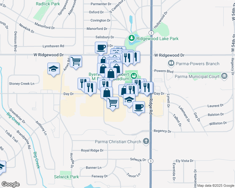 map of restaurants, bars, coffee shops, grocery stores, and more near 8094 Day Dr in Cleveland