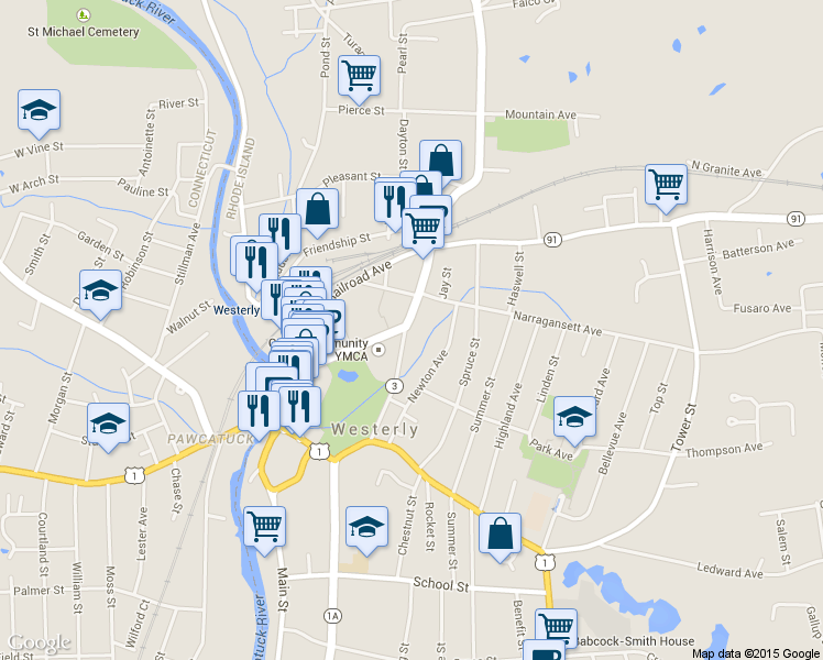 map of restaurants, bars, coffee shops, grocery stores, and more near 45 Grove Avenue in Westerly