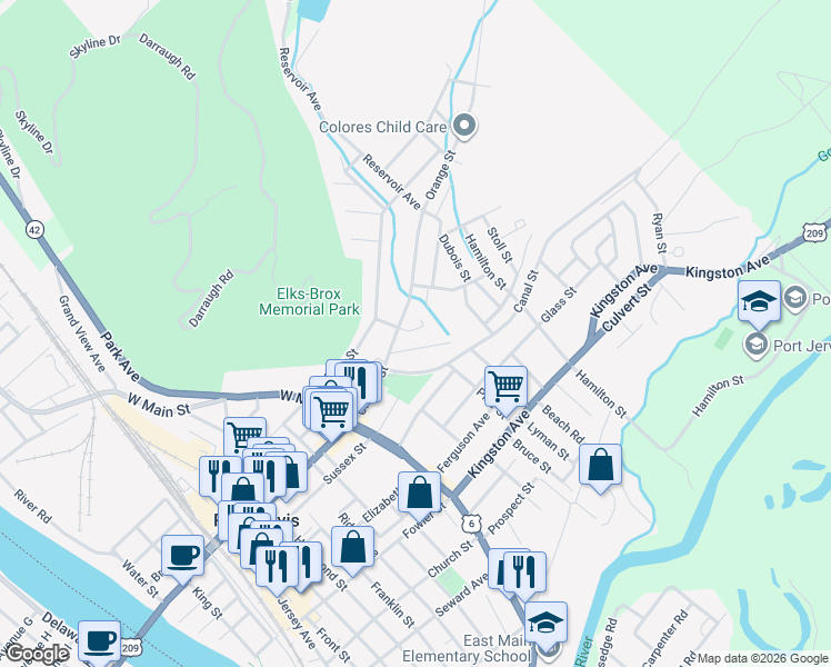 map of restaurants, bars, coffee shops, grocery stores, and more near 15 Hornbeck Avenue in Port Jervis