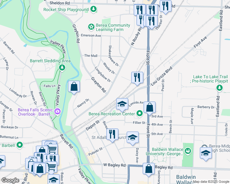 map of restaurants, bars, coffee shops, grocery stores, and more near 570 North Rocky River Drive in Berea