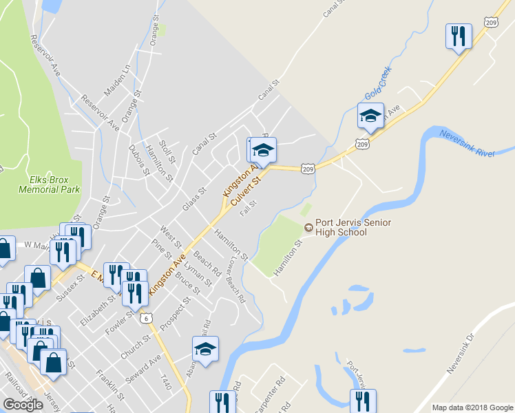 map of restaurants, bars, coffee shops, grocery stores, and more near 19 Fall Street in Port Jervis