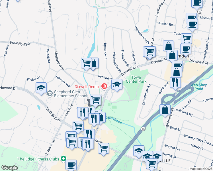 map of restaurants, bars, coffee shops, grocery stores, and more near 2584 Dixwell Avenue in Hamden