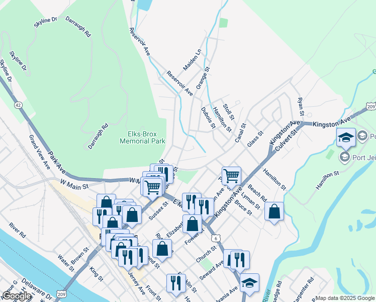 map of restaurants, bars, coffee shops, grocery stores, and more near 9 Hornbeck Avenue in Port Jervis