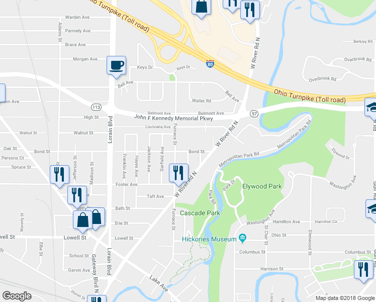 map of restaurants, bars, coffee shops, grocery stores, and more near 199 Bond Street in Elyria