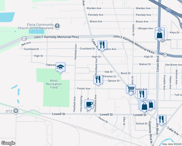 map of restaurants, bars, coffee shops, grocery stores, and more near 838 Oak Street in Elyria