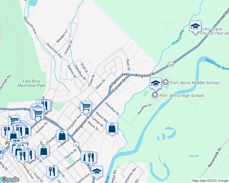 map of restaurants, bars, coffee shops, grocery stores, and more near 5 Culvert Street in Port Jervis