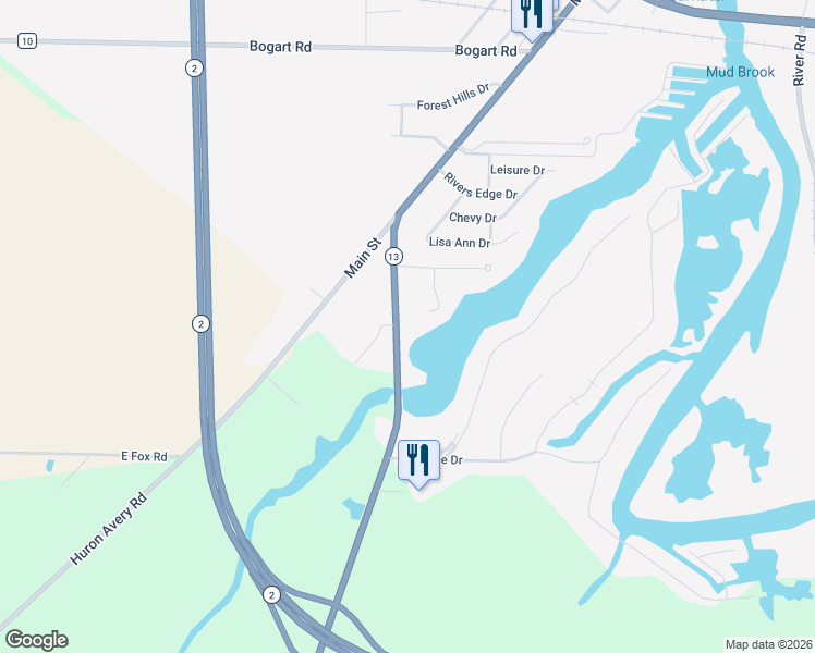 map of restaurants, bars, coffee shops, grocery stores, and more near 1132 Mudbrook Road in Huron
