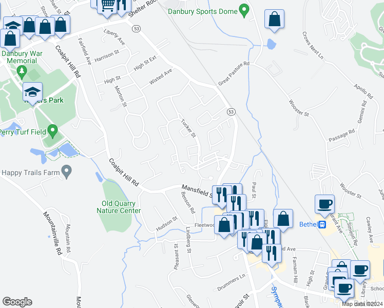 map of restaurants, bars, coffee shops, grocery stores, and more near 14 Paulding Terrace in Danbury