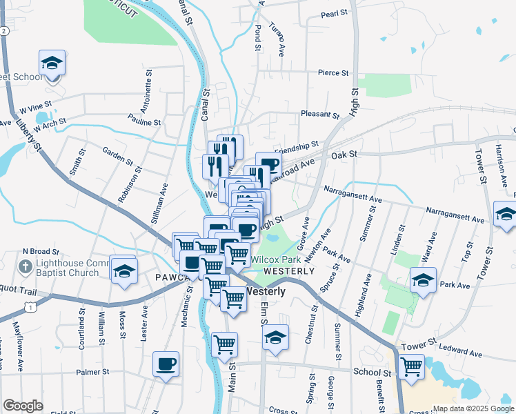 map of restaurants, bars, coffee shops, grocery stores, and more near 4 Alba Inn Road in Westerly