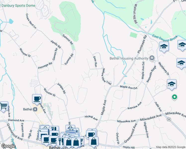map of restaurants, bars, coffee shops, grocery stores, and more near 12 Idlewood in Bethel