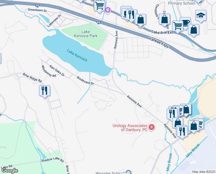 map of restaurants, bars, coffee shops, grocery stores, and more near 13 Lake Place North in Danbury