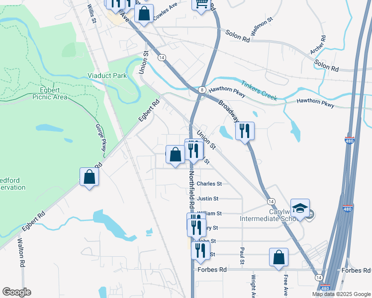 map of restaurants, bars, coffee shops, grocery stores, and more near 23 First Avenue in Bedford