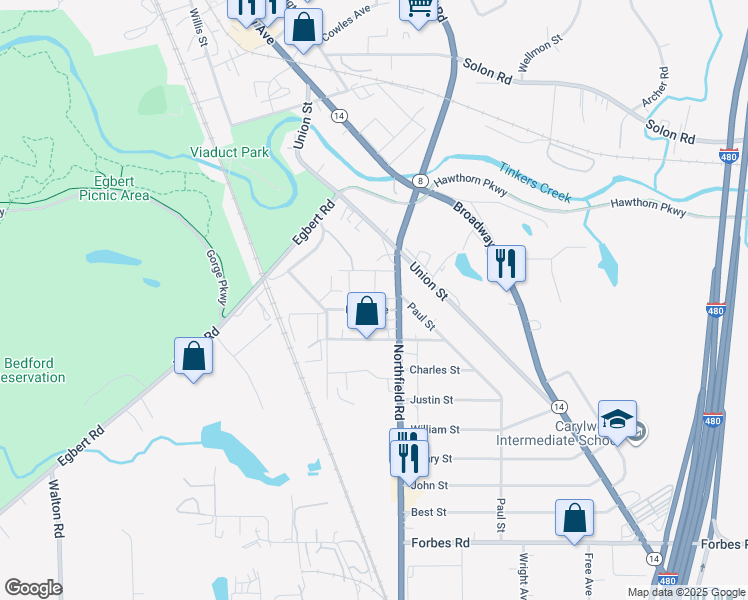 map of restaurants, bars, coffee shops, grocery stores, and more near 23 First Avenue in Bedford