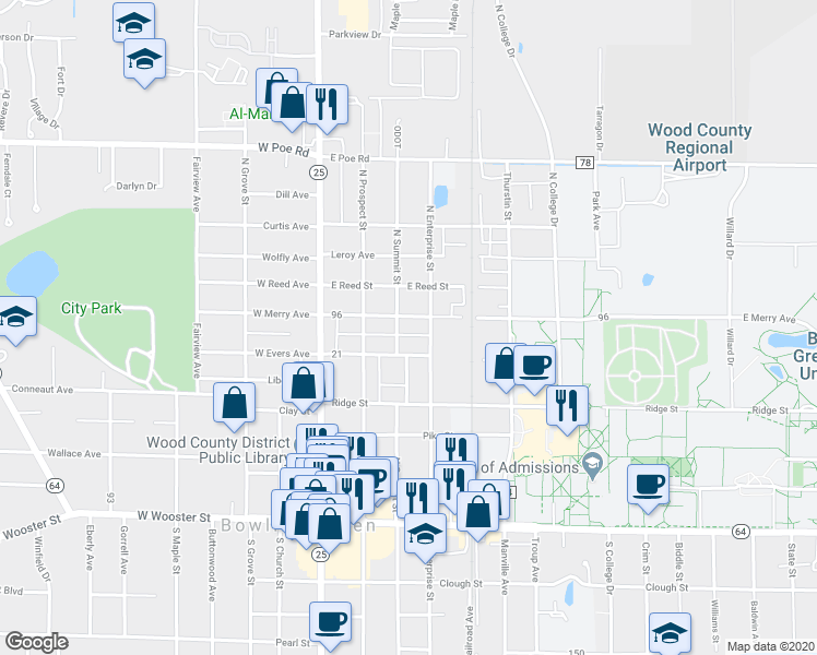 map of restaurants, bars, coffee shops, grocery stores, and more near 519 North Summit Street in Bowling Green