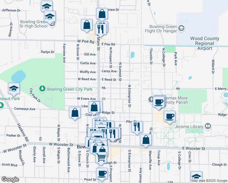 map of restaurants, bars, coffee shops, grocery stores, and more near 521 North Prospect Street in Bowling Green
