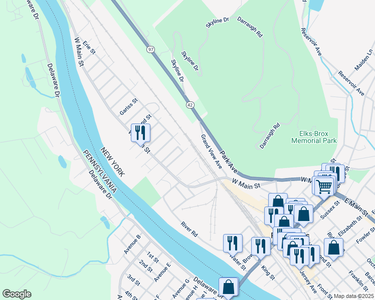 map of restaurants, bars, coffee shops, grocery stores, and more near 31 Coleman Street in Port Jervis